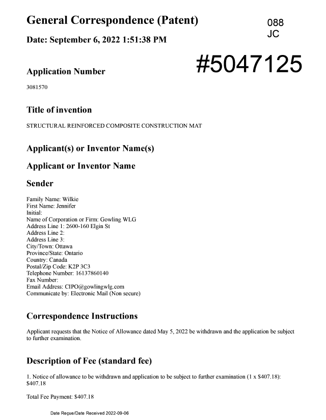 Document de brevet canadien 3081570. Retrait d'acceptation 20220906. Image 1 de 3