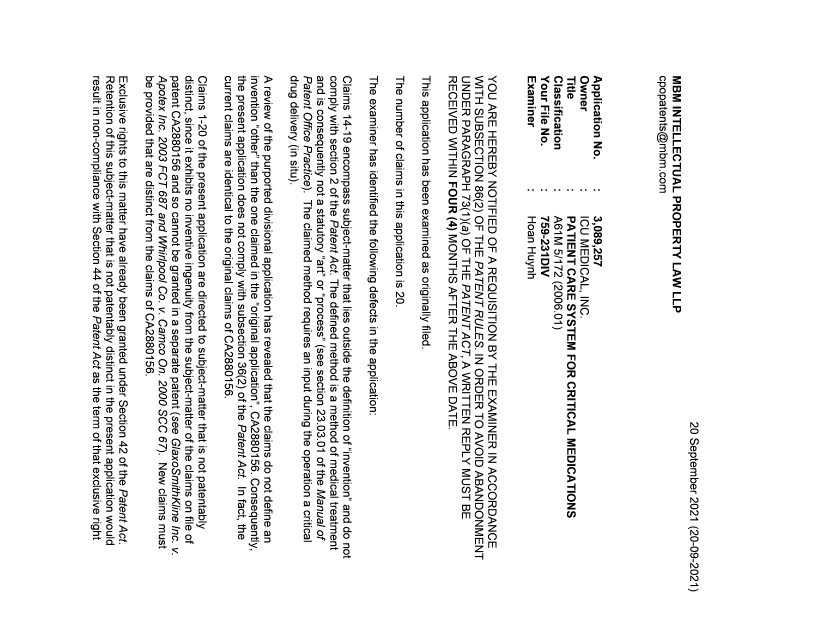 Document de brevet canadien 3089257. Demande d'examen 20210920. Image 1 de 3