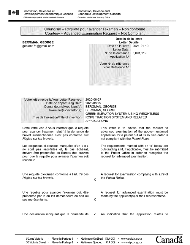 Document de brevet canadien 3091119. Ordonnance spéciale - Verte requête non conforme 20210119. Image 1 de 2