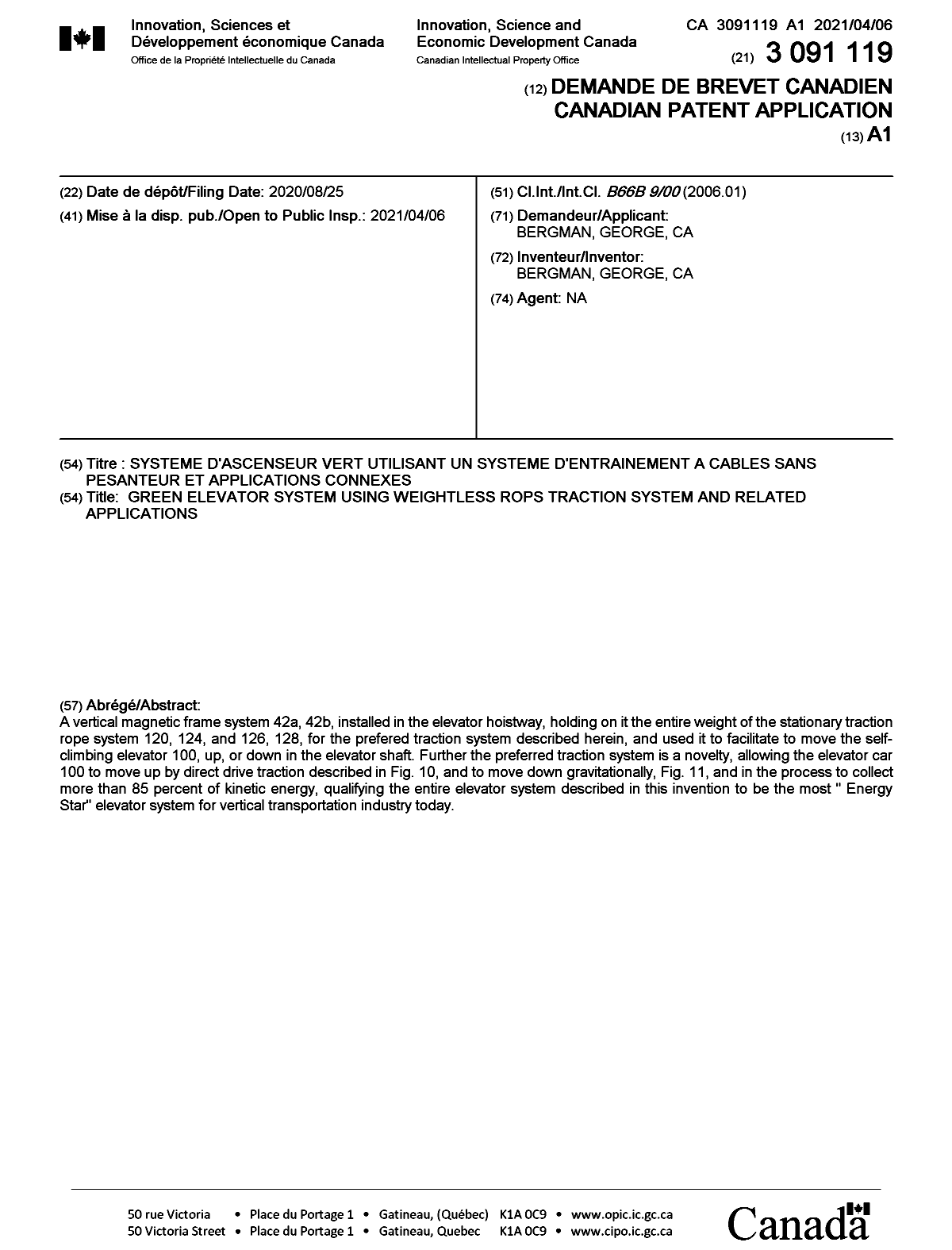 Canadian Patent Document 3091119. Cover Page 20210226. Image 1 of 1