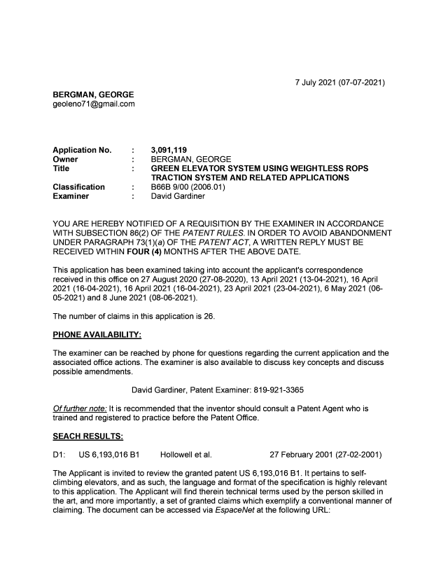 Document de brevet canadien 3091119. Demande d'examen 20210707. Image 1 de 16