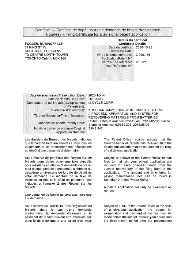 Document de brevet canadien 3096116. Complémentaire - Certificat de dépôt 20201112. Image 1 de 2
