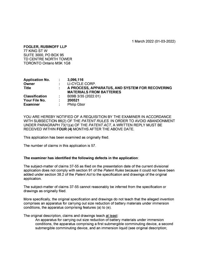 Document de brevet canadien 3096116. Demande d'examen 20220301. Image 1 de 4