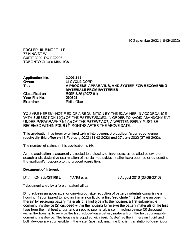 Document de brevet canadien 3096116. Demande d'examen 20220916. Image 1 de 5