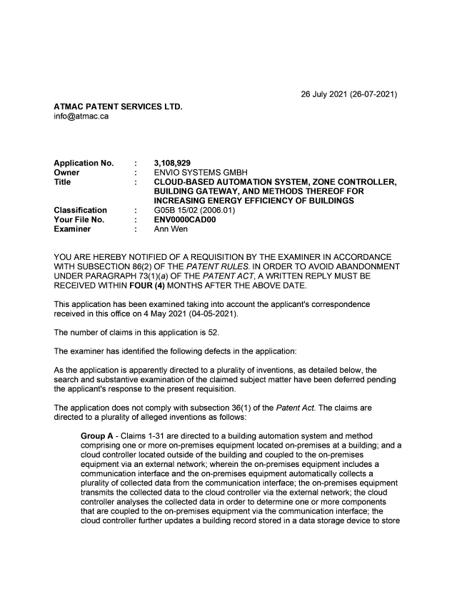 Document de brevet canadien 3108929. Demande d'examen 20210726. Image 1 de 4