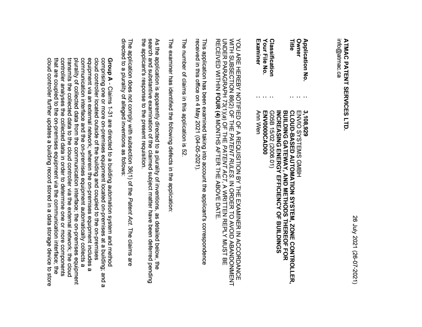 Canadian Patent Document 3108929. Examiner Requisition 20210726. Image 1 of 4