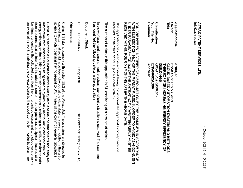 Canadian Patent Document 3108929. Examiner Requisition 20211014. Image 1 of 4