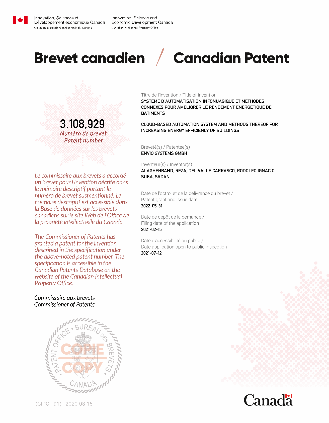 Canadian Patent Document 3108929. Electronic Grant Certificate 20220531. Image 1 of 1