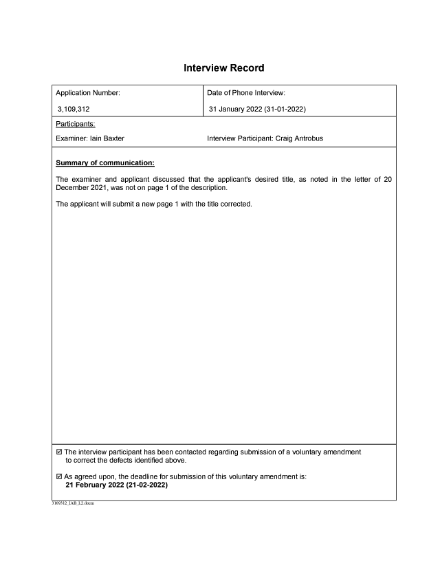 Document de brevet canadien 3109312. Enregistrer une note relative à une entrevue (Acti 20220131. Image 1 de 1