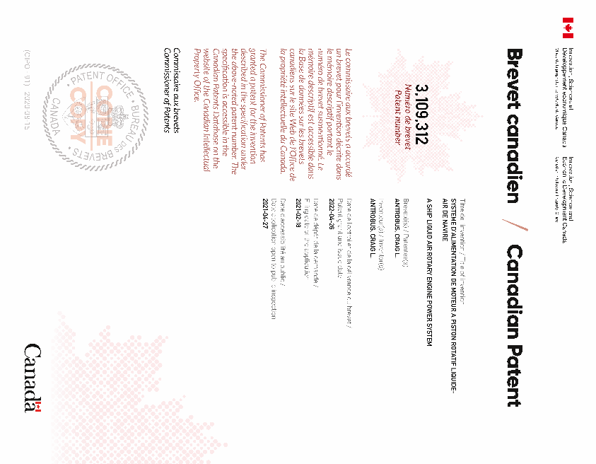 Canadian Patent Document 3109312. Electronic Grant Certificate 20220426. Image 1 of 1