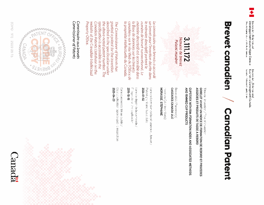 Canadian Patent Document 3111172. Electronic Grant Certificate 20240102. Image 1 of 1