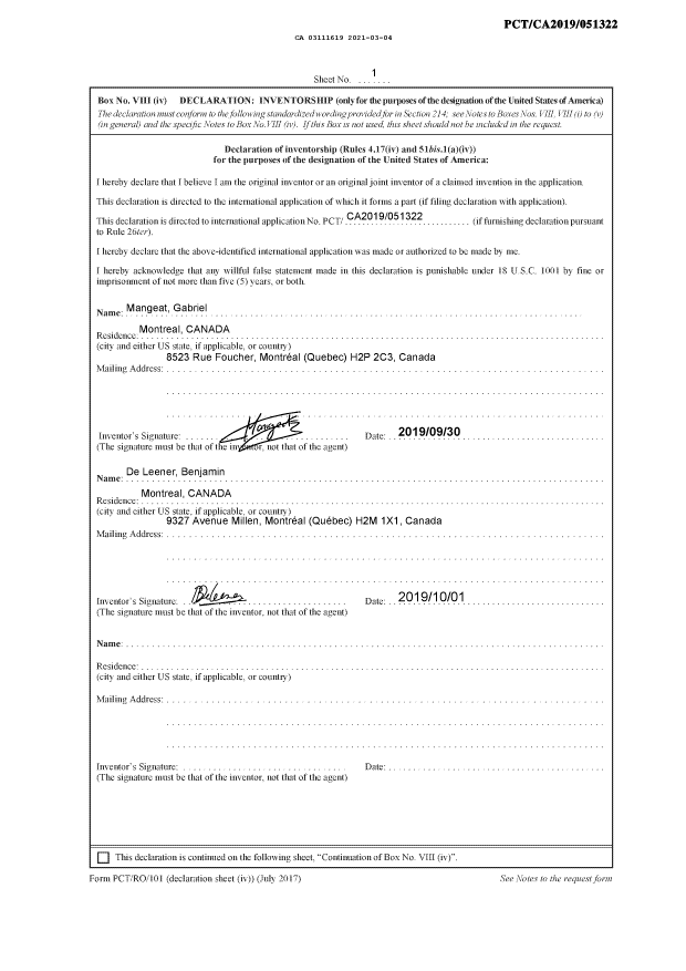 Document de brevet canadien 3111619. Déclaration 20210304. Image 1 de 1