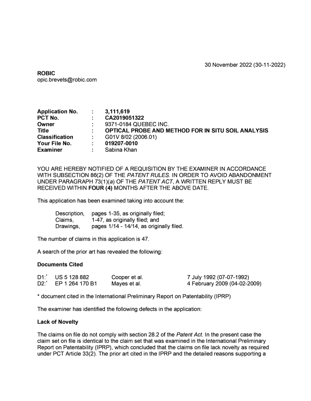Document de brevet canadien 3111619. Demande d'examen 20221130. Image 1 de 4