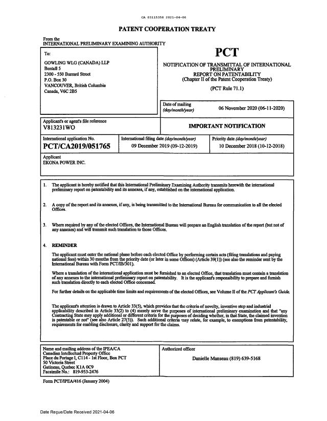 Document de brevet canadien 3115358. Traité de coopération en matière de brevets (PCT) 20210406. Image 1 de 29