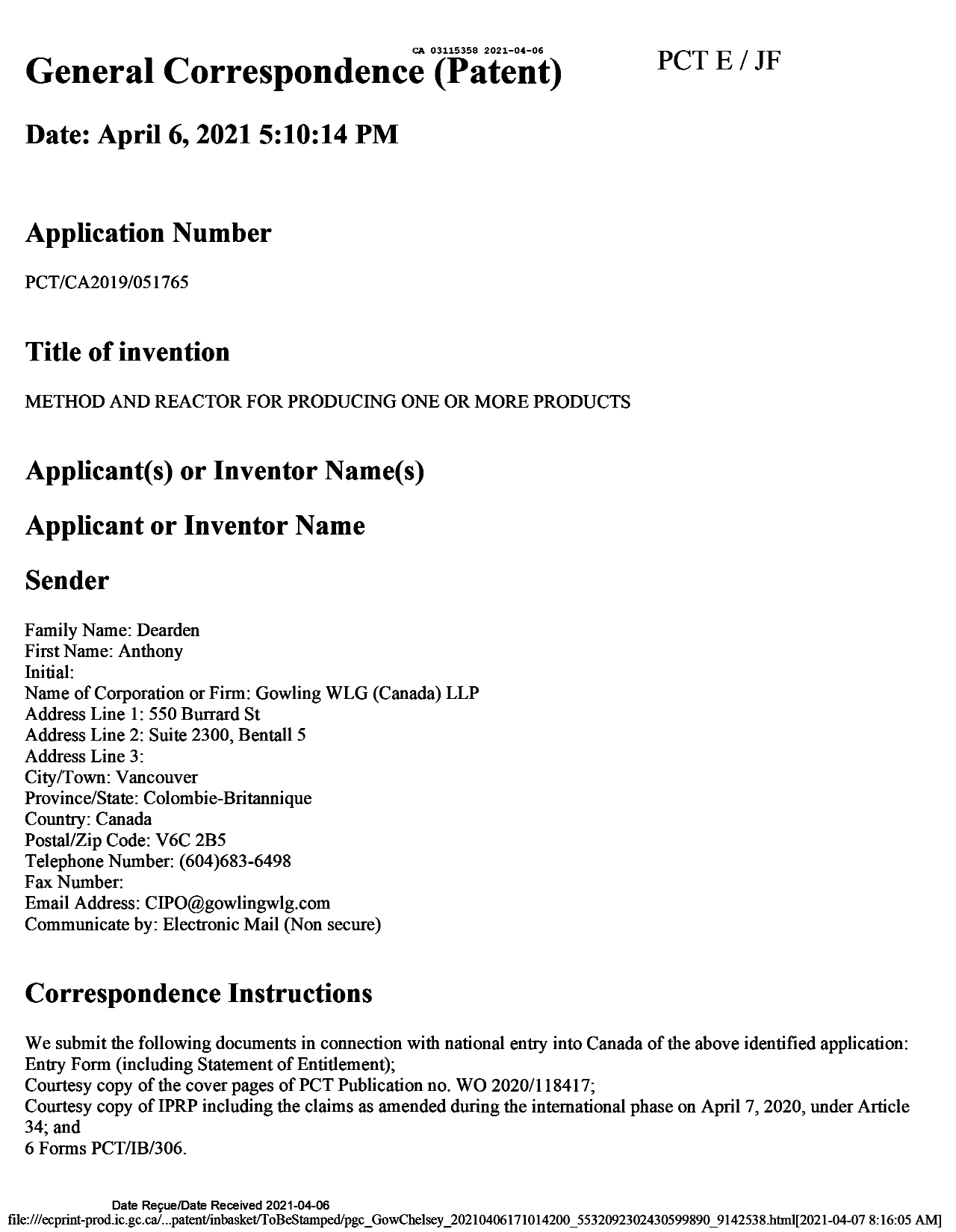 Canadian Patent Document 3115358. National Entry Request 20210406. Image 1 of 6