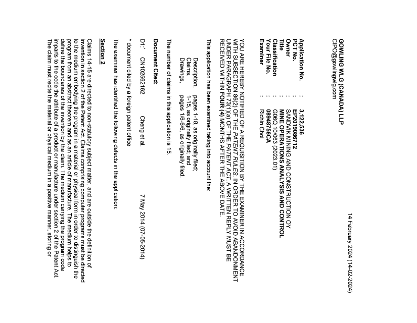 Document de brevet canadien 3122536. Demande d'examen 20240214. Image 1 de 3