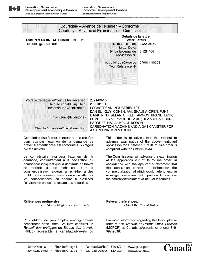 Document de brevet canadien 3128464. Ordonnance spéciale - Verte acceptée 20220630. Image 1 de 2