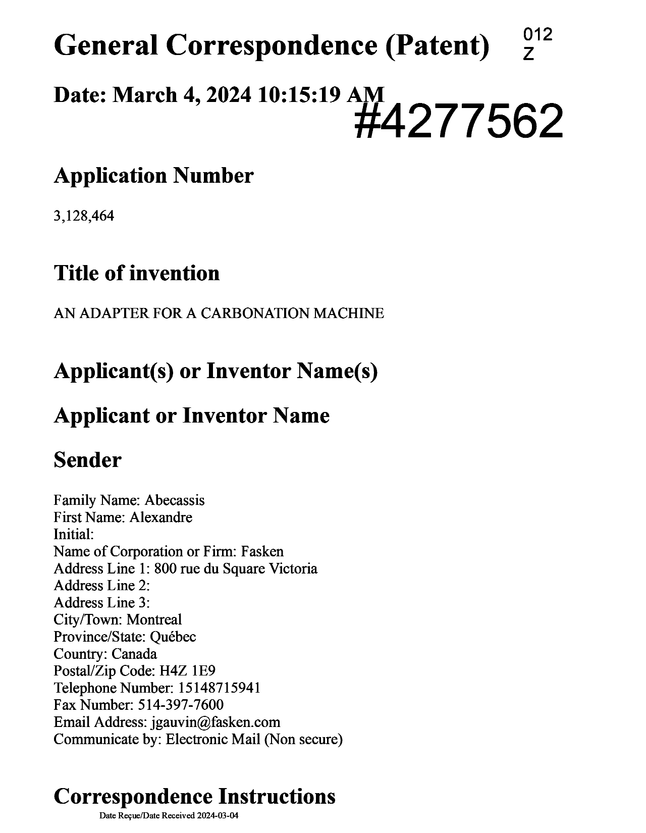 Canadian Patent Document 3128464. Final Fee 20240304. Image 1 of 5