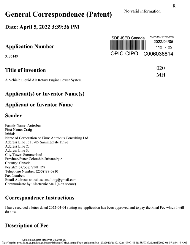 Document de brevet canadien 3135149. Correspondance reliée aux formalités 20220405. Image 1 de 2