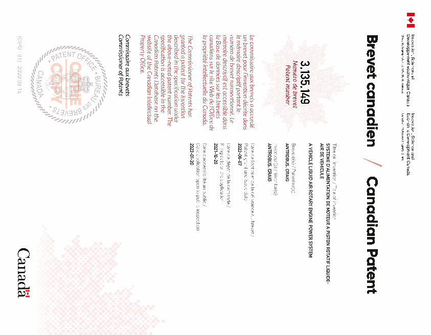 Canadian Patent Document 3135149. Electronic Grant Certificate 20220607. Image 1 of 1
