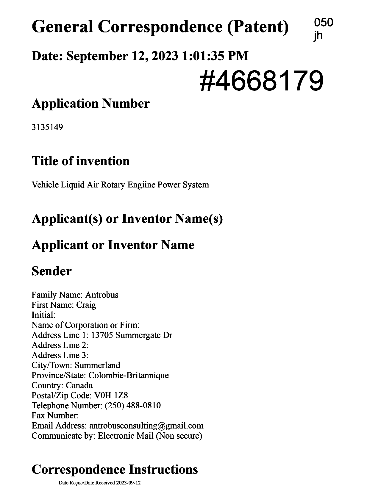 Canadian Patent Document 3135149. Maintenance Fee Payment 20230912. Image 1 of 3