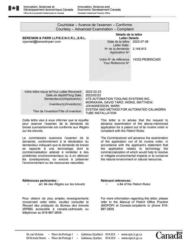 Document de brevet canadien 3149912. Ordonnance spéciale - Verte acceptée 20220726. Image 1 de 1