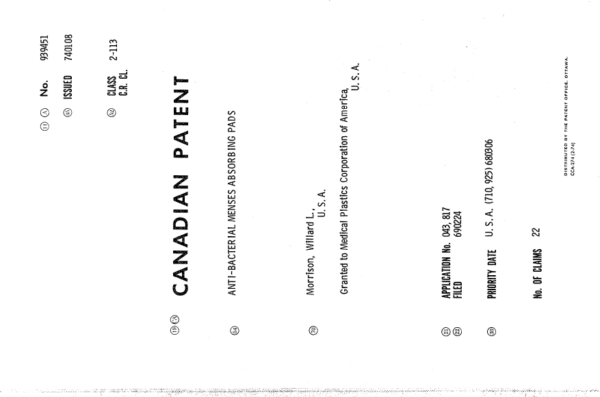 Canadian Patent Document 939451. Cover Page 19940714. Image 1 of 1