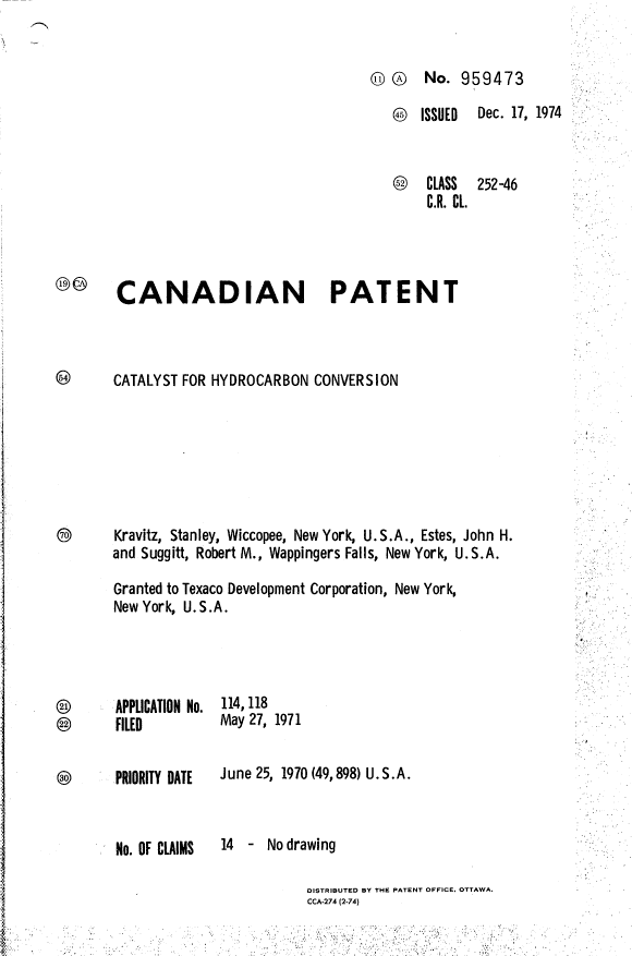 Canadian Patent Document 959473. Cover Page 19940803. Image 1 of 1