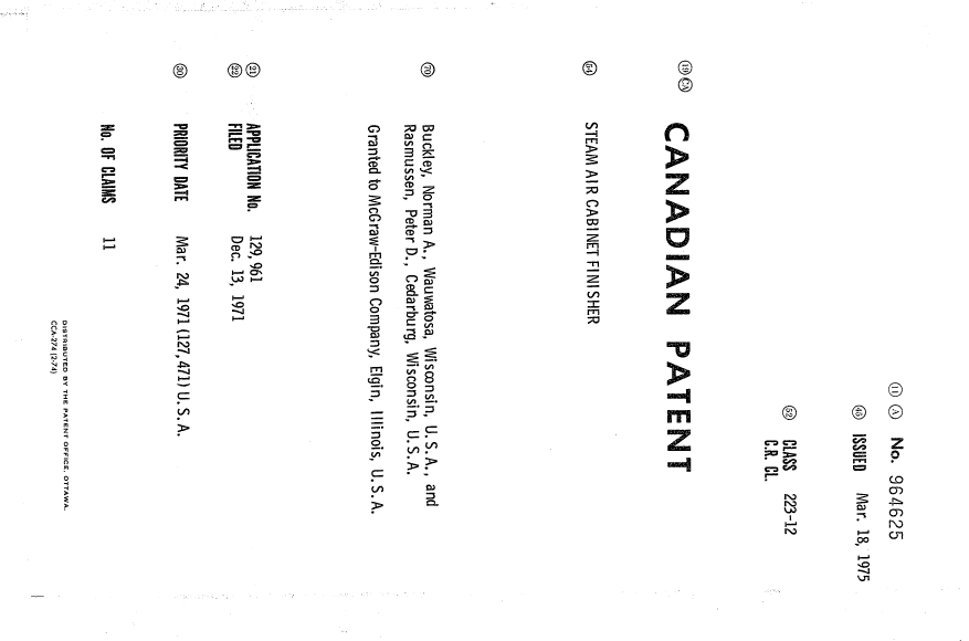 Document de brevet canadien 964625. Page couverture 19940629. Image 1 de 1