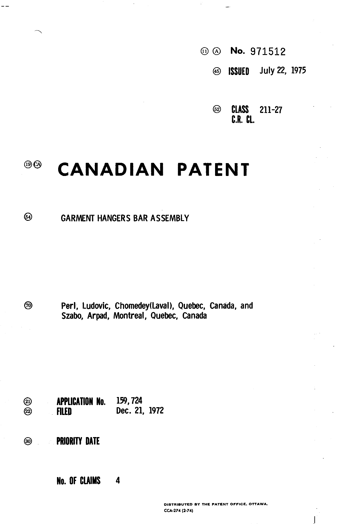 Document de brevet canadien 971512. Page couverture 19940707. Image 1 de 1