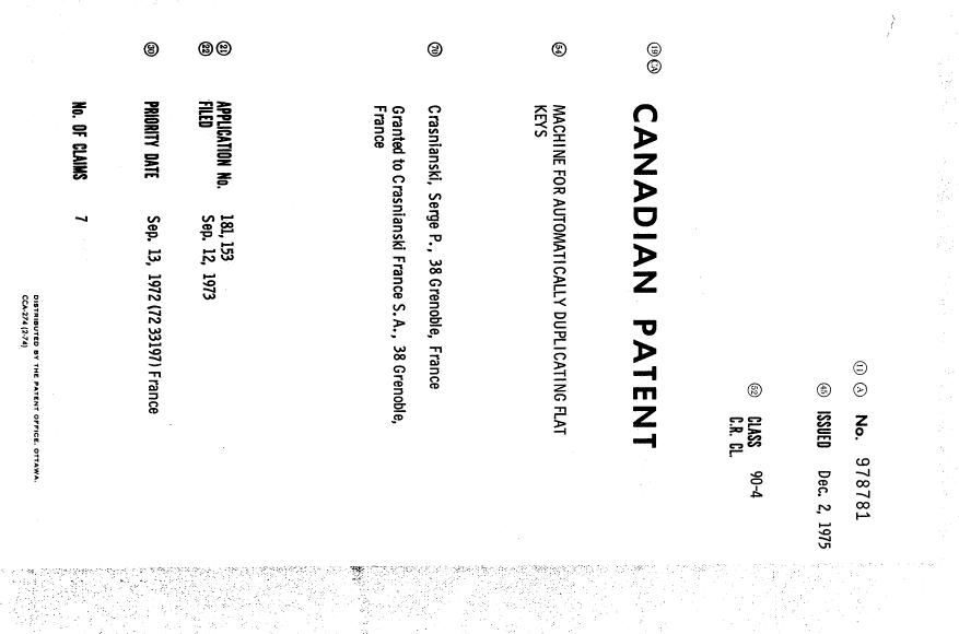 Document de brevet canadien 978781. Page couverture 19940715. Image 1 de 1