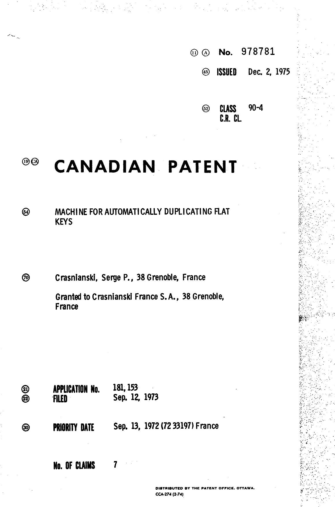 Canadian Patent Document 978781. Cover Page 19940715. Image 1 of 1