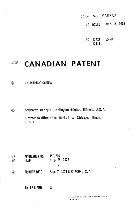 Canadian Patent Document 985538. Cover Page 19940613. Image 1 of 1