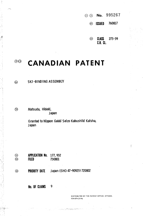Canadian Patent Document 995267. Cover Page 19940618. Image 1 of 1