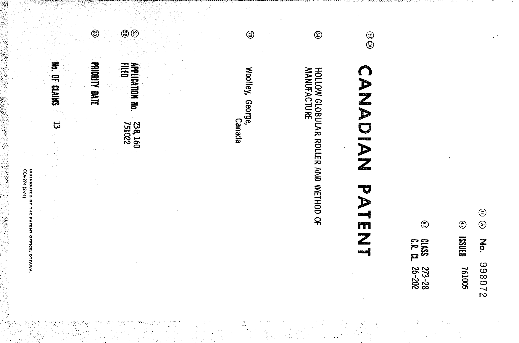 Canadian Patent Document 998072. Cover Page 19940622. Image 1 of 1